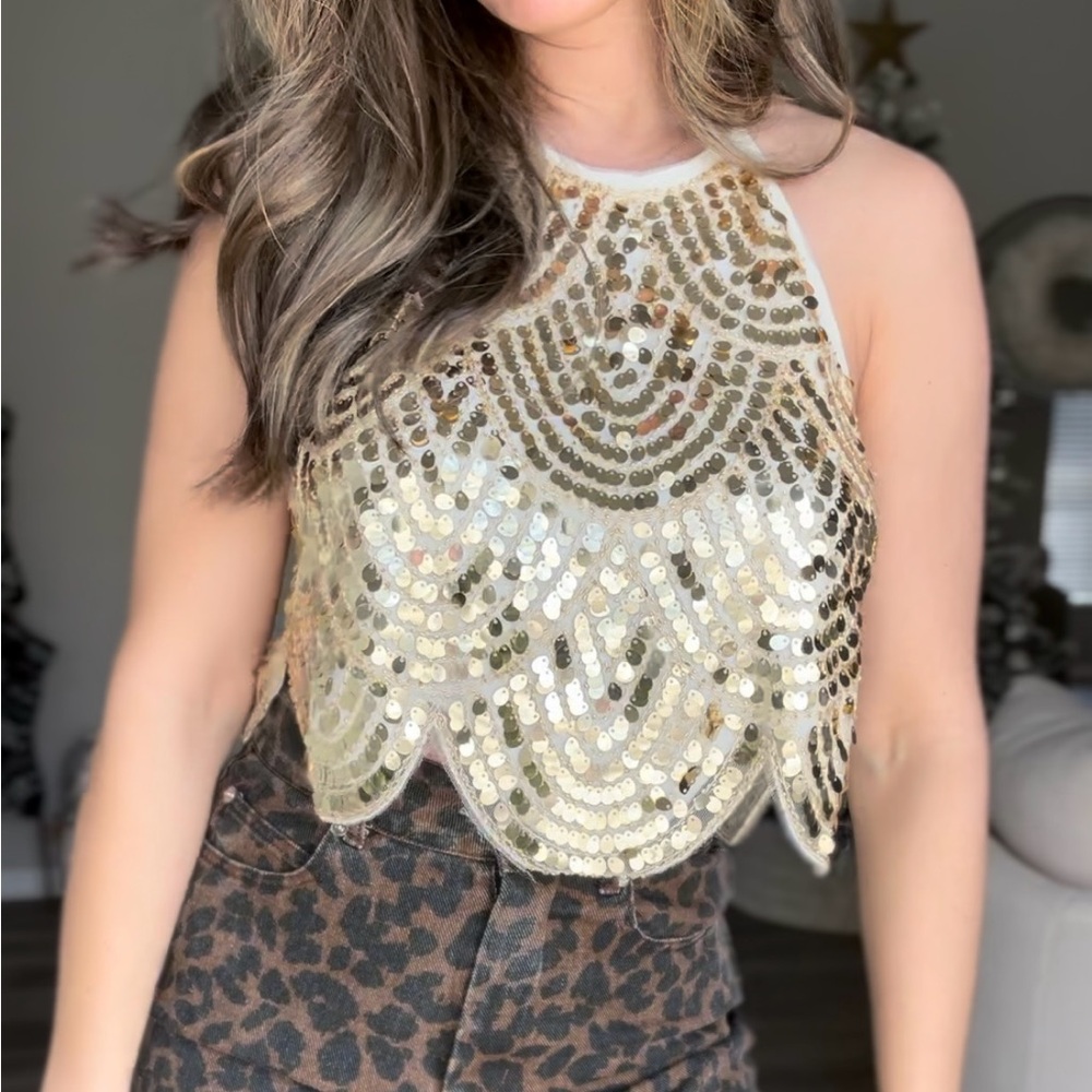 12th tribe Gold sequence scalloped halter top